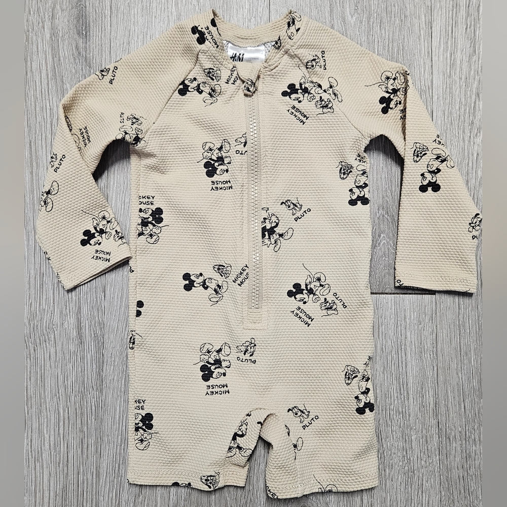 Disney Mickey Mouse Pluto Tan Full Zip Swimsuit Size 9-12 Months